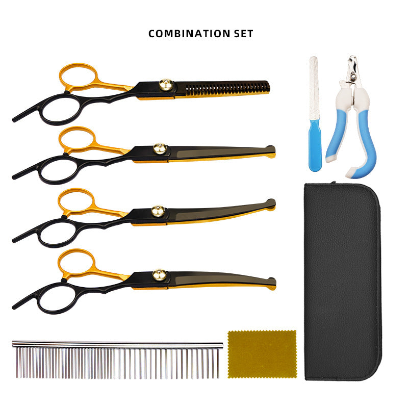 Black-Gold Pet Grooming Shears & Tool Sets - Black-Gold - Split Fish-Mouth Style-Straight Shears + Thinning Shears + Up-Curved Shears + Down-Curved Shears + Steel Comb + Case + Nail Clipper
