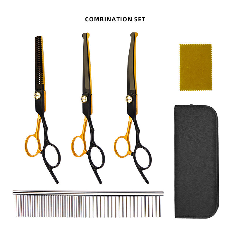 Black-Gold Pet Grooming Shears & Tool Sets - Black-Gold - Split Fish-Mouth Style-Straight Shears + Thinning Shears + Down-Curved Shears + Steel Comb + Case + Cleaning Cloth
