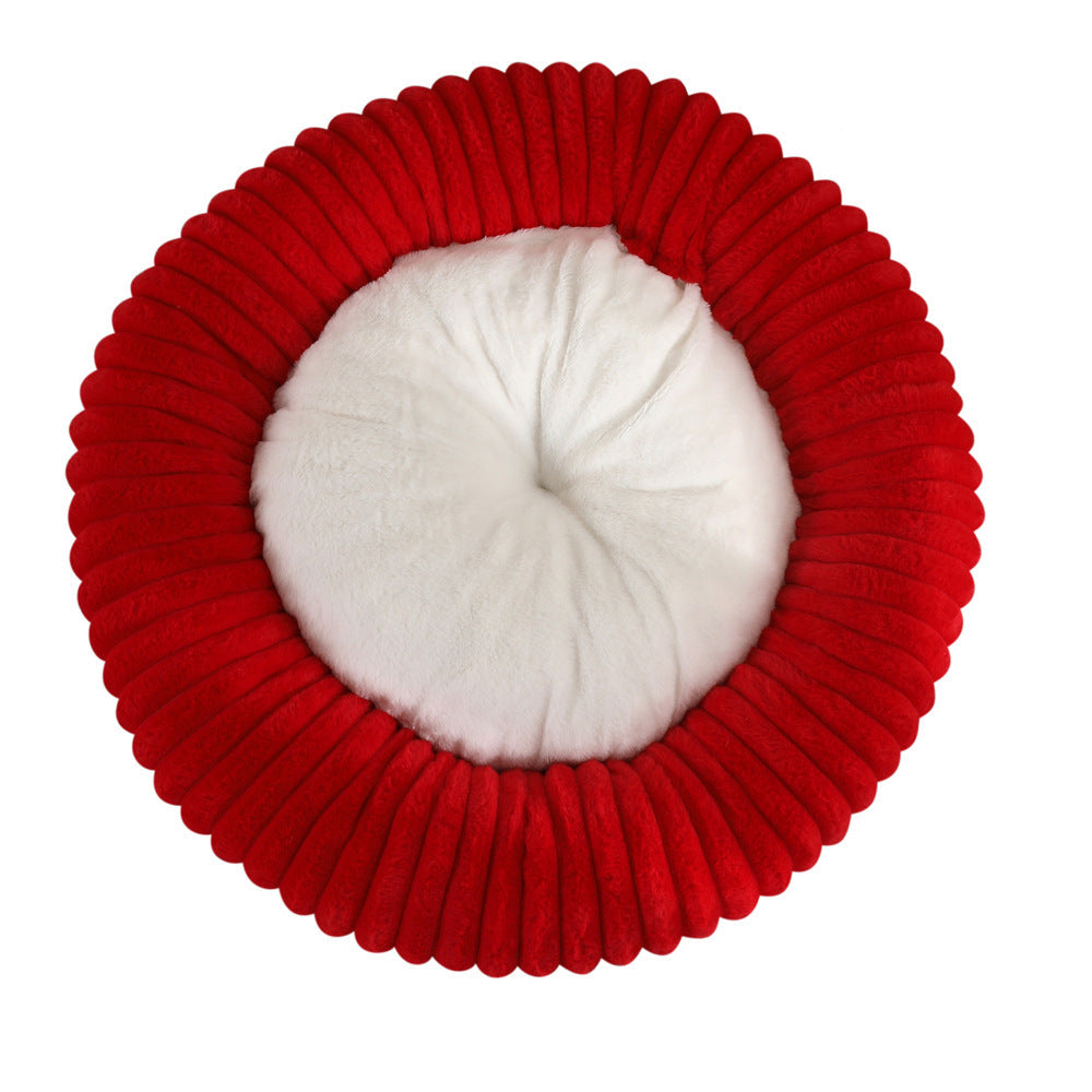 M53 Striped Plush Round Pet Bed - Striped Plush - Bright Red