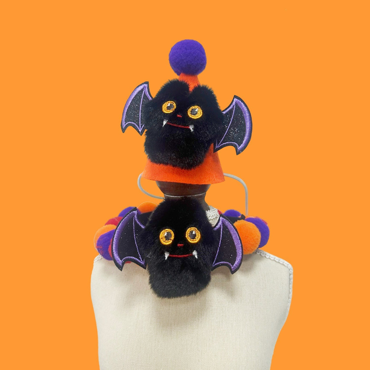 Halloween Pom-Pom Pet Collars & Hat Sets - 10 Purple Bat + Hat