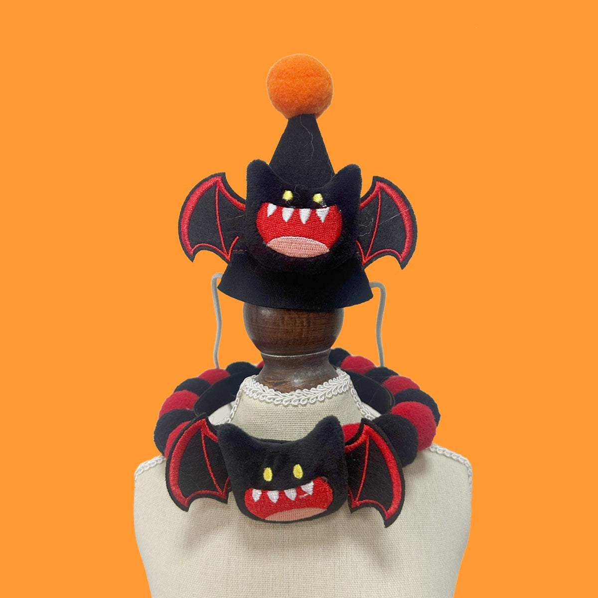Halloween Pom-Pom Pet Collars & Hat Sets - 03 Red Bat + Hat