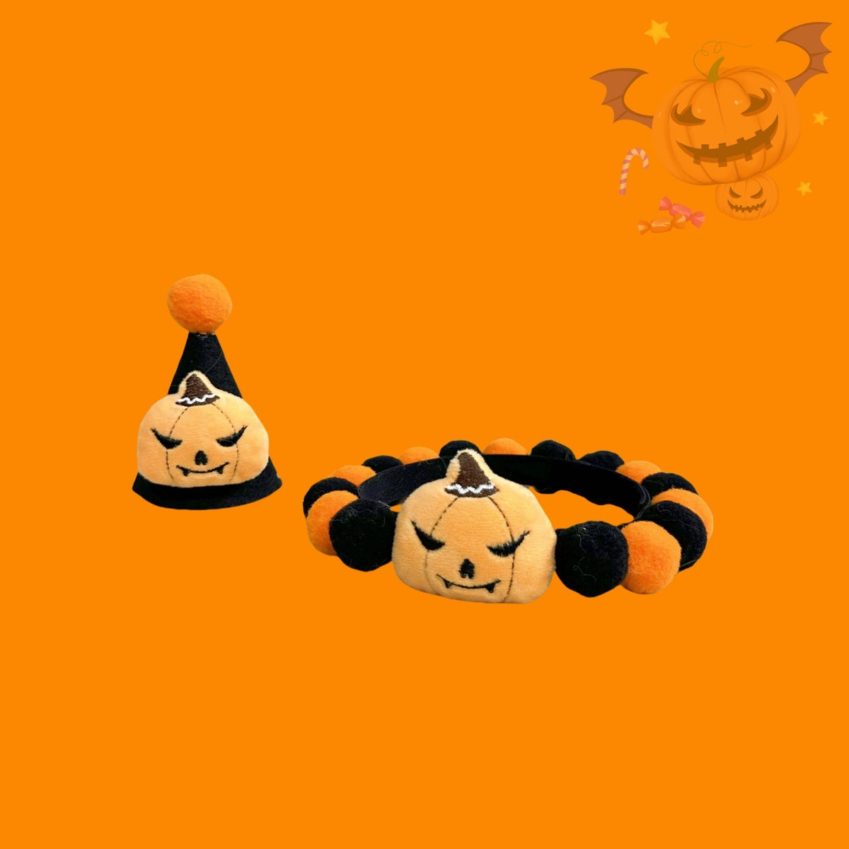 Halloween Pom-Pom Pet Collars & Hat Sets - 11 Pumpkin + Hat