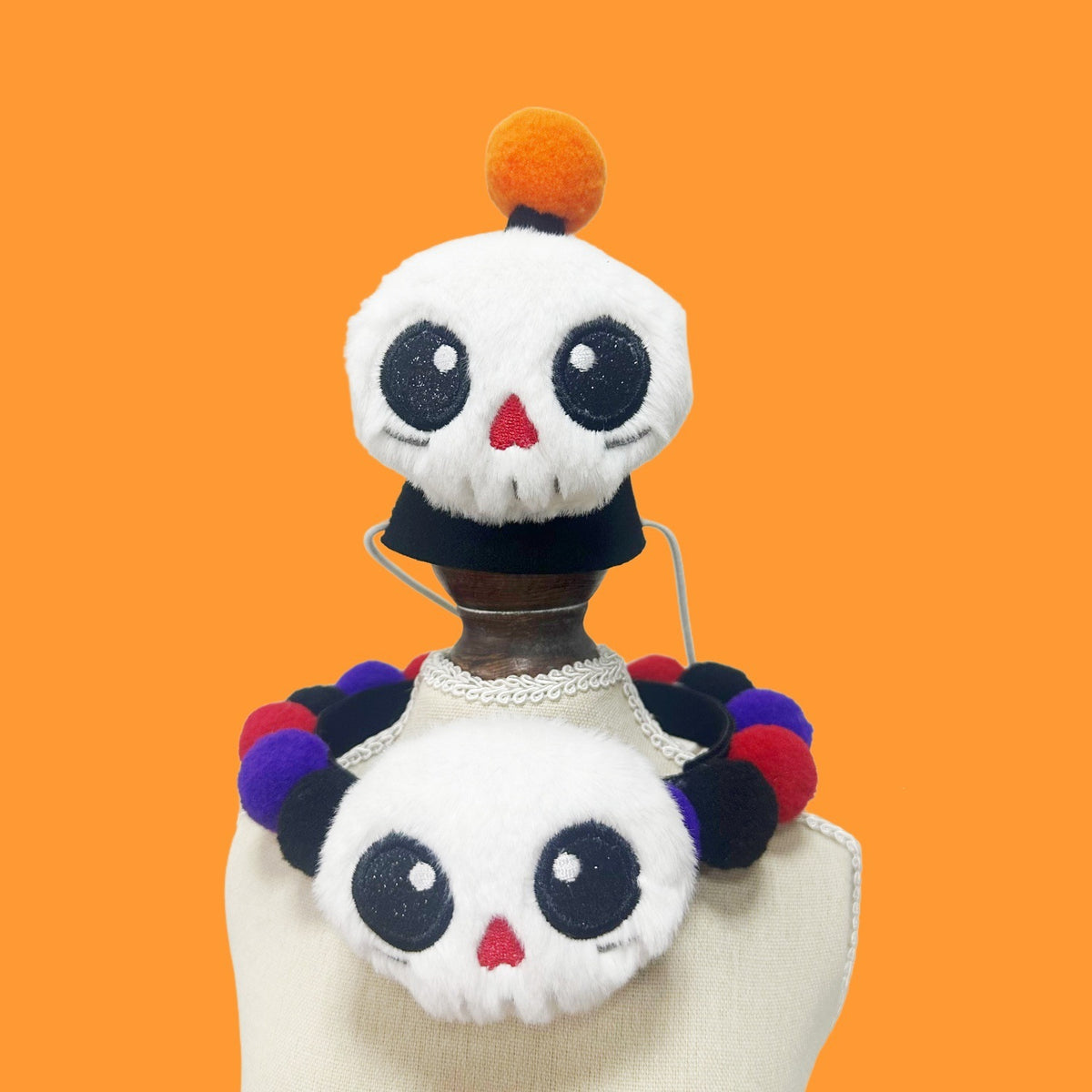 Halloween Pom-Pom Pet Collars & Hat Sets - 07 Large Skull + Hat