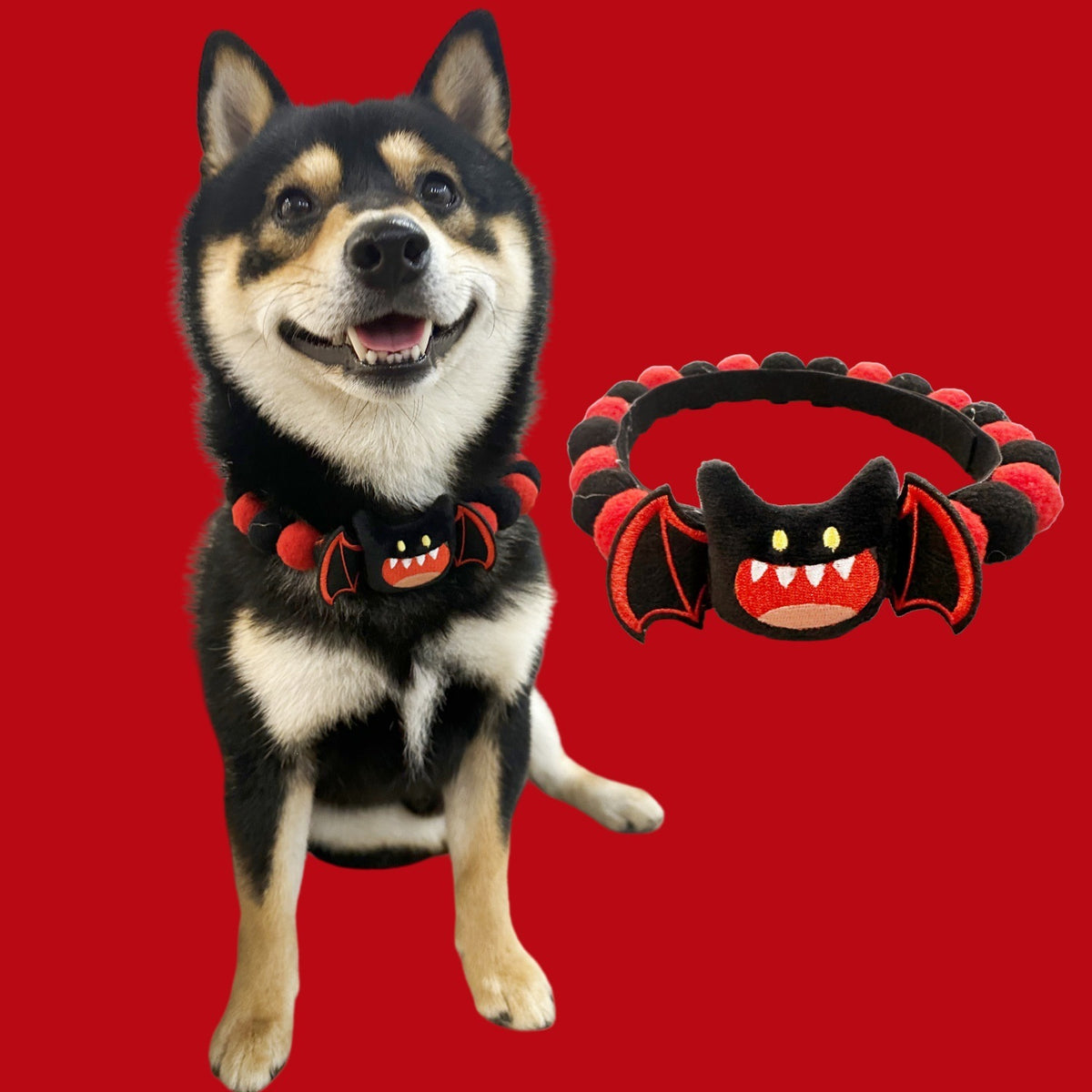 Halloween Pom-Pom Pet Collars & Hat Sets - 03 Red Bat / Collar Only