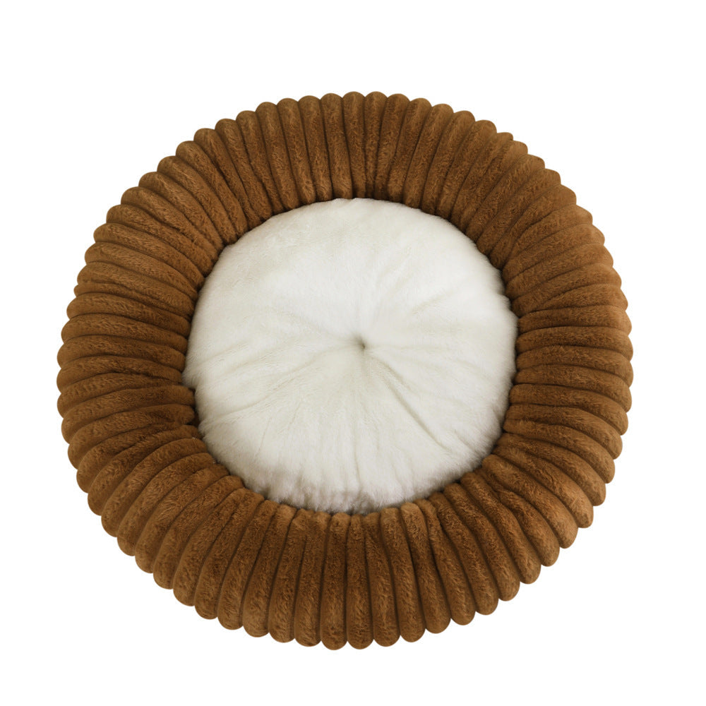 M53 Striped Plush Round Pet Bed - Striped Plush - Coffee Brown