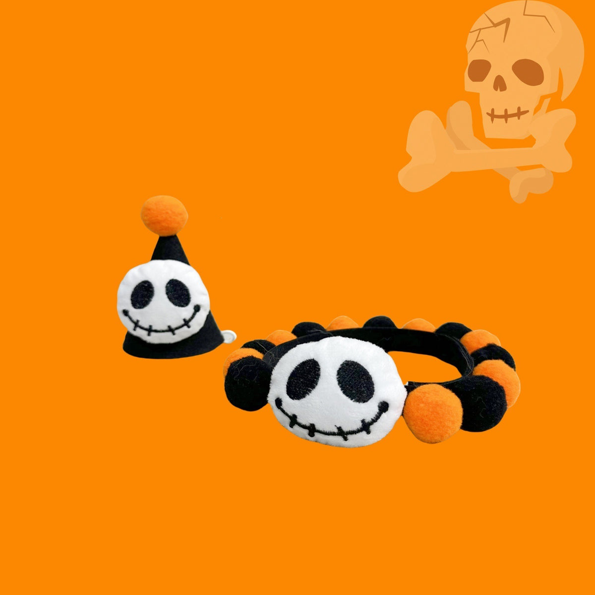 Halloween Pom-Pom Pet Collars & Hat Sets - 12 Black Skull + Black Hat