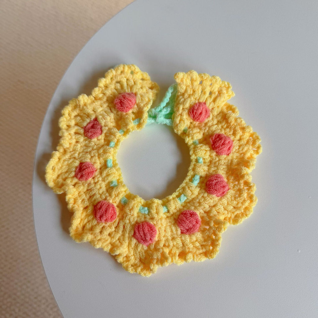 Knitted Pet Collars & Bibs for Cats and Dogs - Yellow with Red Cherries