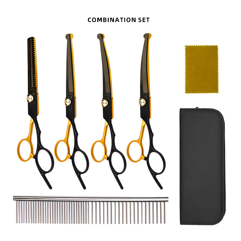 Black-Gold Pet Grooming Shears & Tool Sets - Black-Gold - Split Fish-Mouth Style-Straight Shears + Thinning Shears + Up-Curved Shears + Down-Curved Shears + Steel Comb + Case