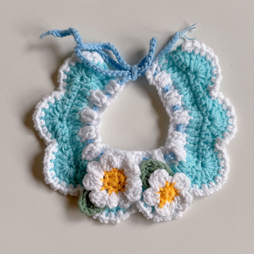 Knitted Pet Collars & Bibs for Cats and Dogs - Blue Flowers