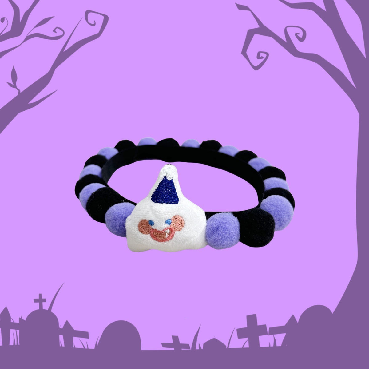 Halloween Pom-Pom Pet Collars & Hat Sets - 14 Happy Ghost - Purple-Black / Collar Only
