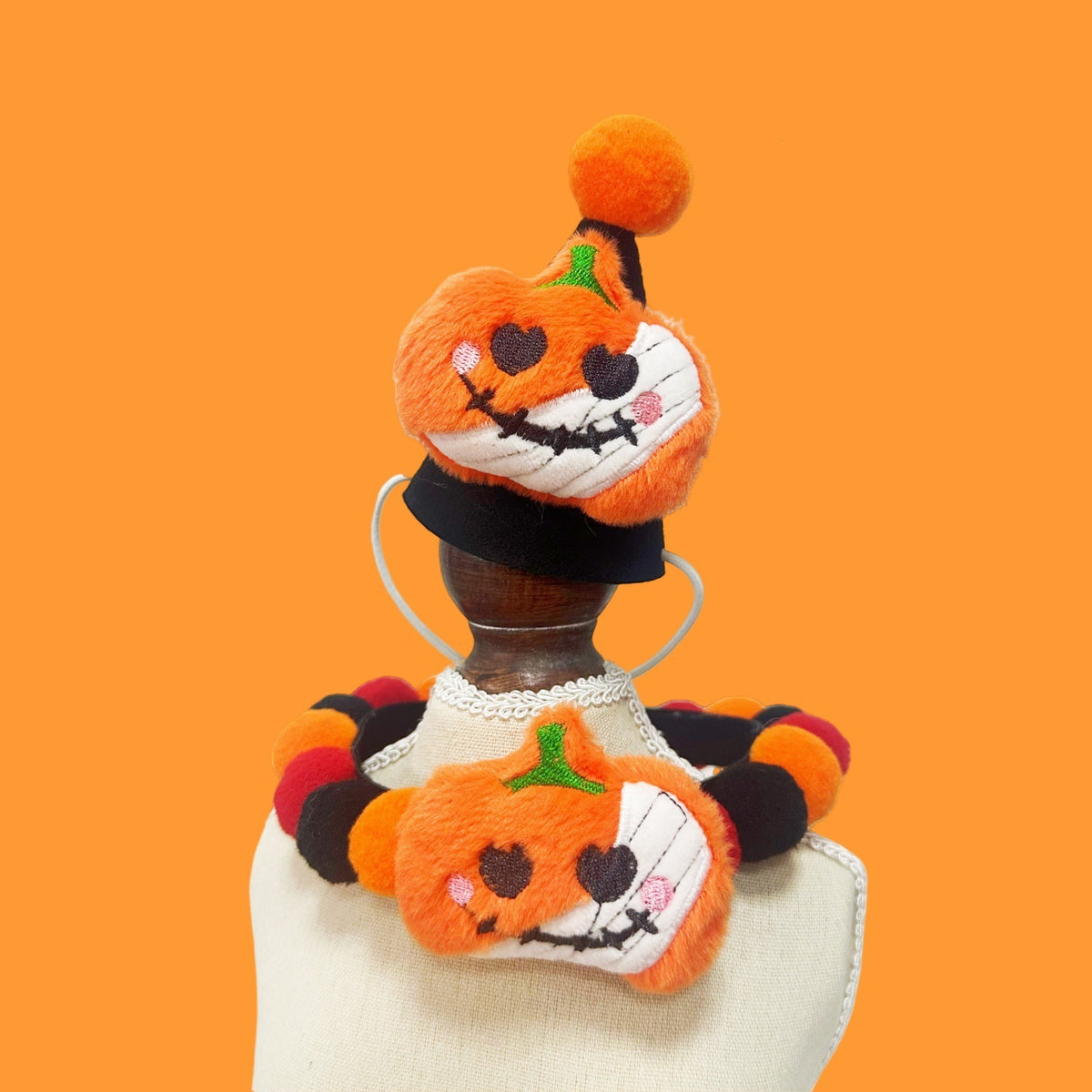Halloween Pom-Pom Pet Collars & Hat Sets - 08 Smiling Pumpkin + Hat