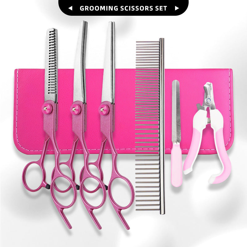 FT6 Rose Pink Pet Grooming Shears & Tool Sets - FT6 Angled Tang - Rose Pink-Straight Shears + Thinning Shears + Down-Curved Shears + Steel Comb + Pink Case + Nail Clipper