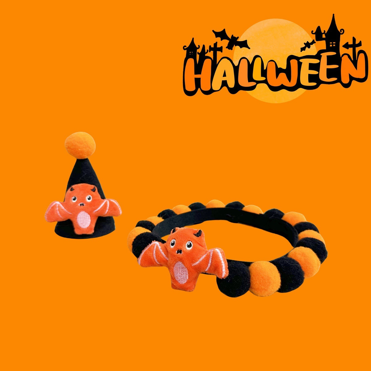 Halloween Pom-Pom Pet Collars & Hat Sets - 19 Red Bat + Hat