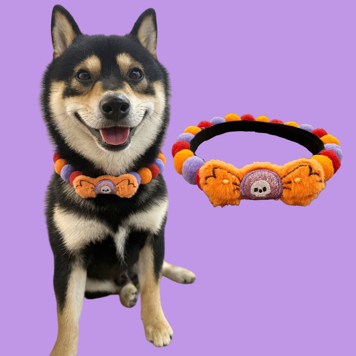 Halloween Pom-Pom Pet Collars & Hat Sets - 05 Orange Candy / Collar Only