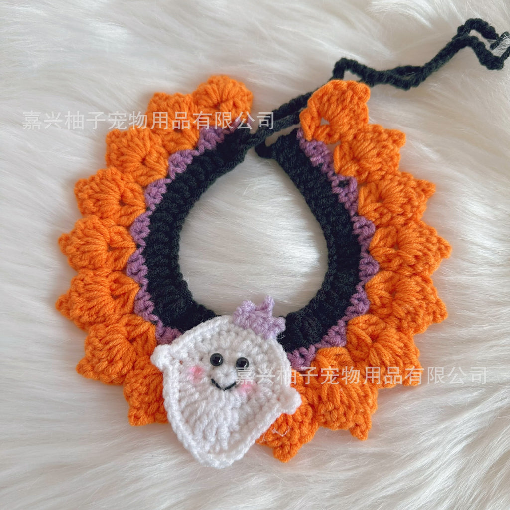 Knitted Pet Collars & Bibs for Cats and Dogs - Halloween Crown Ghost