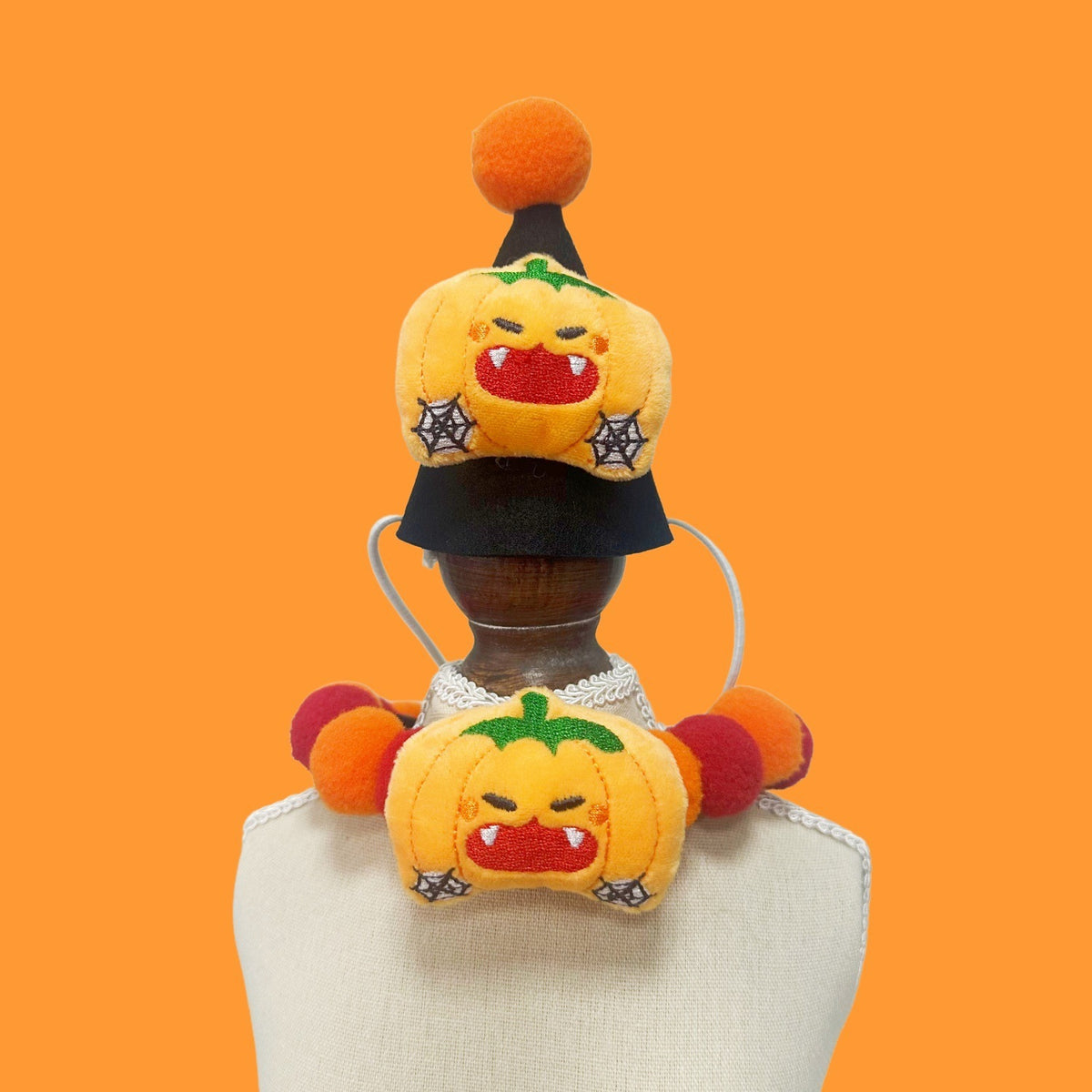 Halloween Pom-Pom Pet Collars & Hat Sets - 09 Green Leaf Pumpkin + Hat