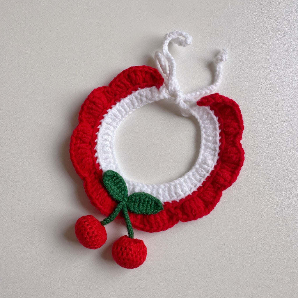 Knitted Pet Collars & Bibs for Cats and Dogs - Red Cherry