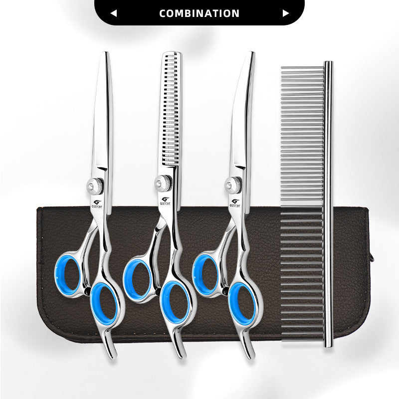 Blue-Ring Pet Grooming Shears & Tool Sets - White Screw - Blue Finger Rings-Straight Shears + Thinning Shears + Down-Curved Shears + Steel Comb + Case