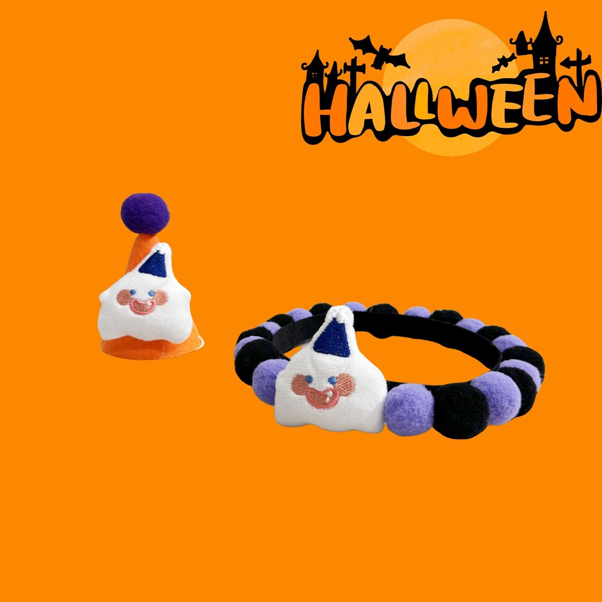 Halloween Pom-Pom Pet Collars & Hat Sets - 14 Happy Ghost - Purple-Black + Orange Hat
