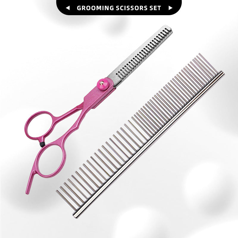 FT6 Rose Pink Pet Grooming Shears & Tool Sets - FT6 Angled Tang - Rose Pink-Thinning Shears + Steel Comb