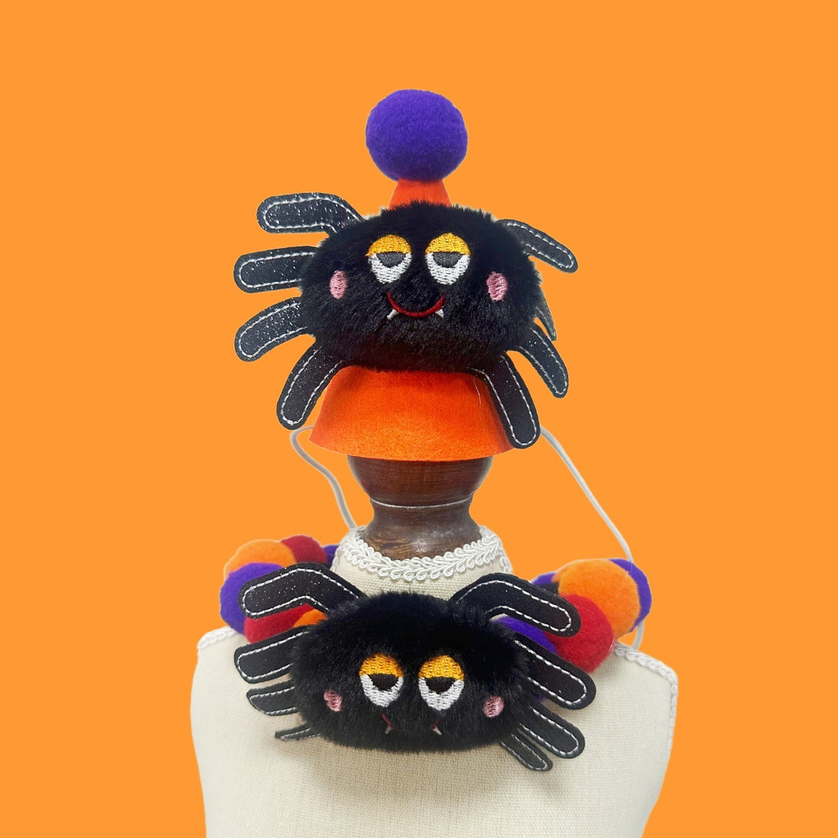 Halloween Pom-Pom Pet Collars & Hat Sets - 01 Large Spider + Hat