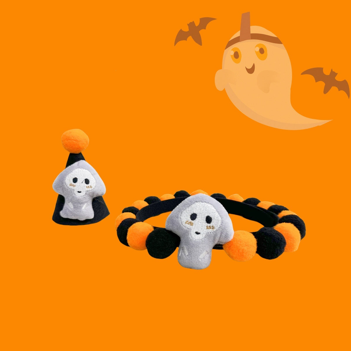Halloween Pom-Pom Pet Collars & Hat Sets - 17 Gray Ghost + Hat