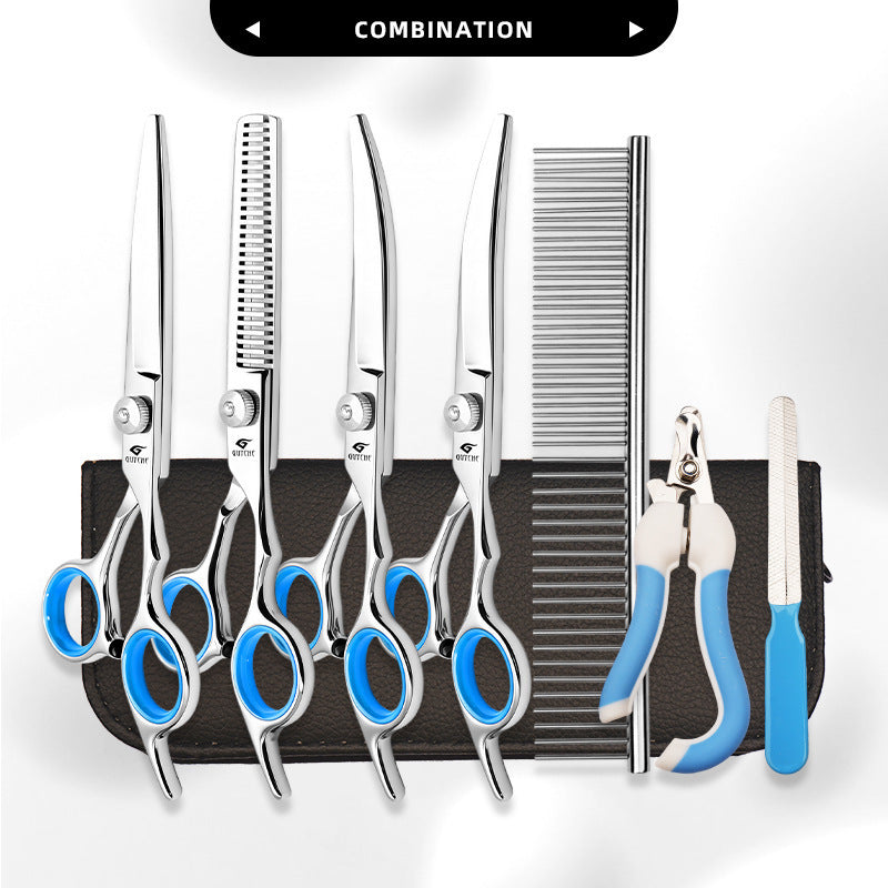 Blue-Ring Pet Grooming Shears & Tool Sets - White Screw - Blue Finger Rings-Straight Shears + Thinning Shears + Up-Curved Shears + Down-Curved Shears + Steel Comb + Case + Nail Clipper
