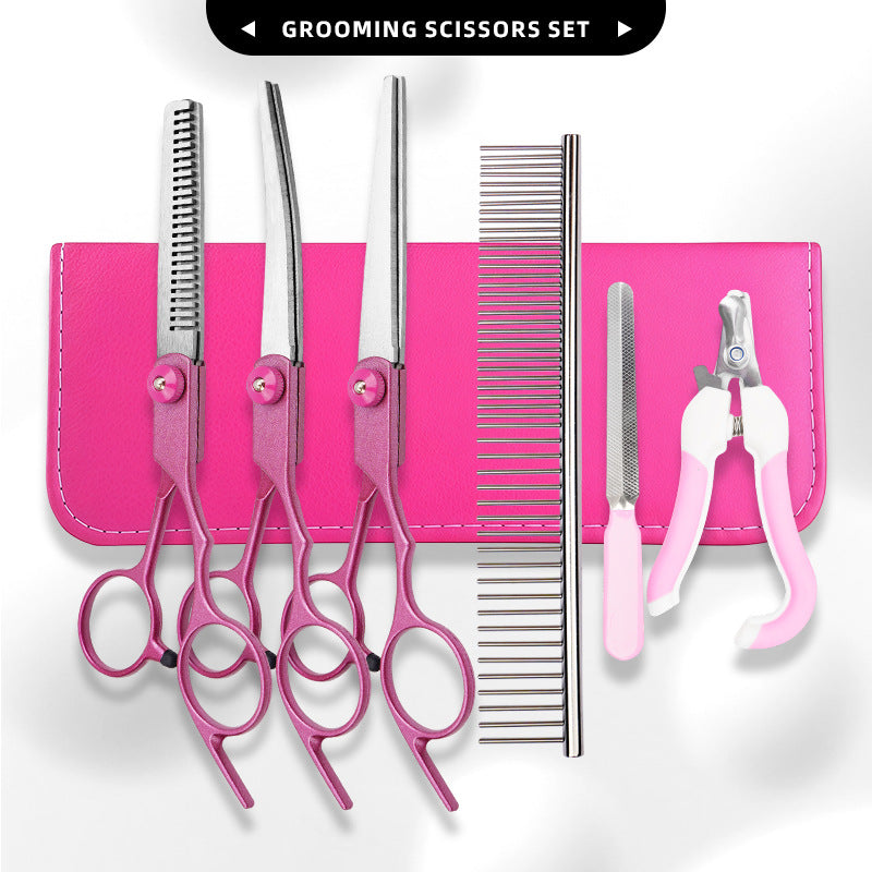 FT6 Rose Pink Pet Grooming Shears & Tool Sets - FT6 Angled Tang - Rose Pink-Straight Shears + Thinning Shears + Up-Curved Shears + Steel Comb + Pink Case + Nail Clipper
