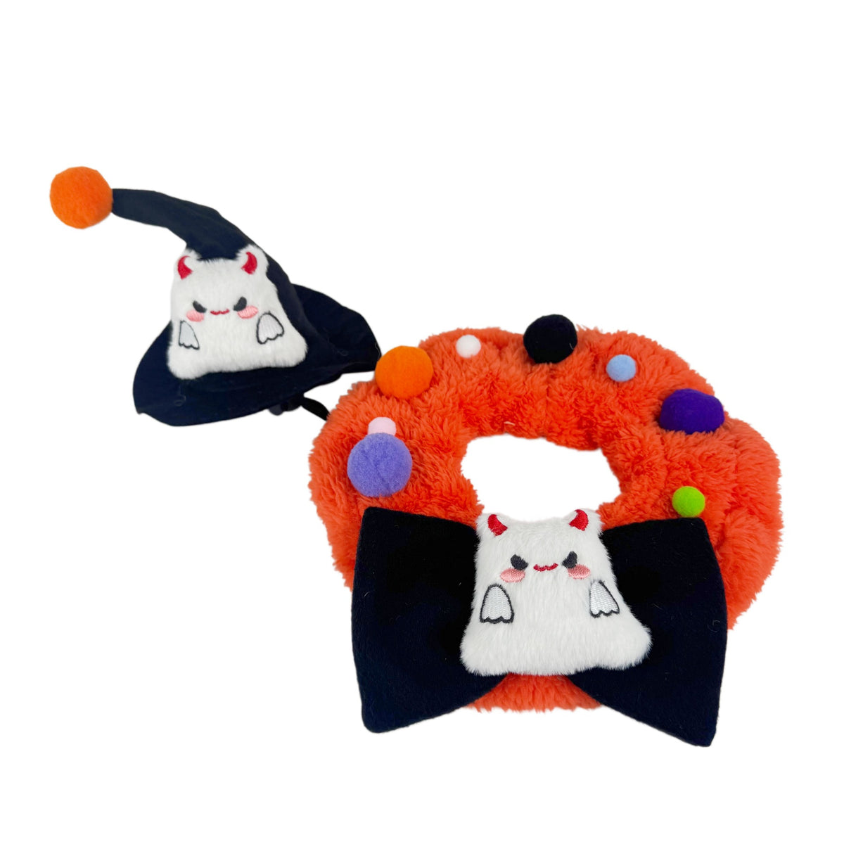Orange Fluffy Halloween Pet Collars & Hat Sets - Orange Fluffy Collar / Hat--Ghost
