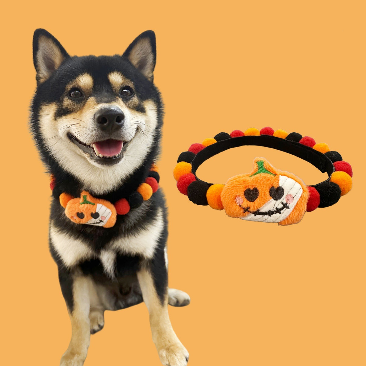 Halloween Pom-Pom Pet Collars & Hat Sets - 08 Smiling Pumpkin / Collar Only