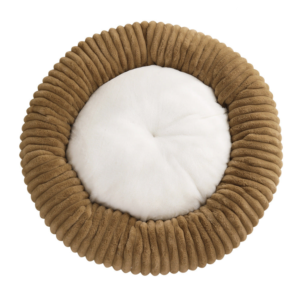 M53 Striped Plush Round Pet Bed - Striped Plush - Khaki