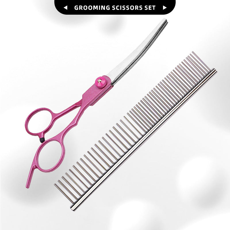 FT6 Rose Pink Pet Grooming Shears & Tool Sets - FT6 Angled Tang - Rose Pink-Up-Curved Shears + Steel Comb