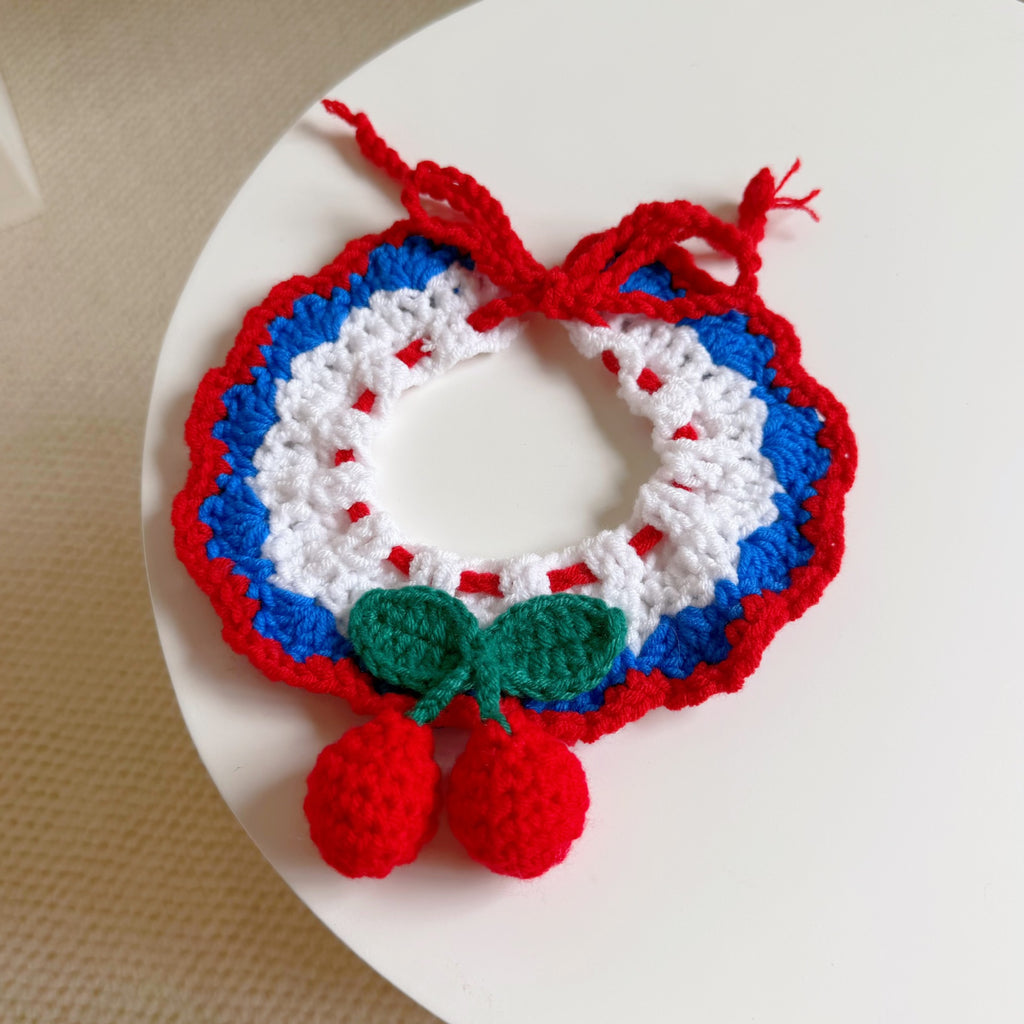 Knitted Pet Collars & Bibs for Cats and Dogs - Cherry with Blue Trim