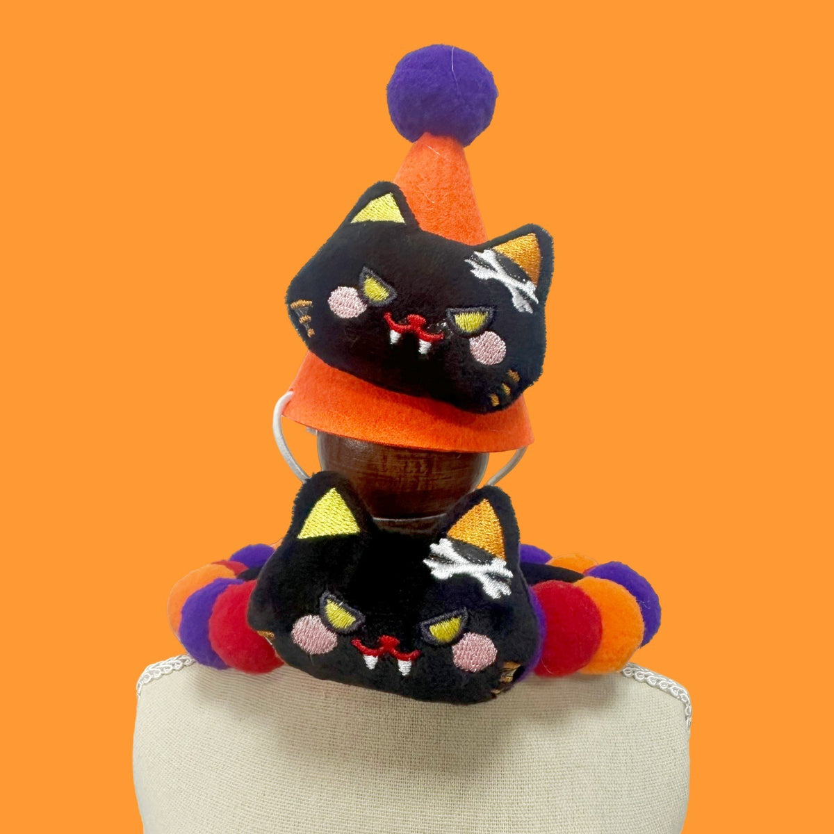 Halloween Pom-Pom Pet Collars & Hat Sets - 02 Black Cat + Hat