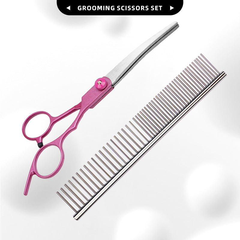 FT6 Rose Pink Pet Grooming Shears & Tool Sets - FT6 Angled Tang - Rose Pink-Down-Curved Shears + Steel Comb