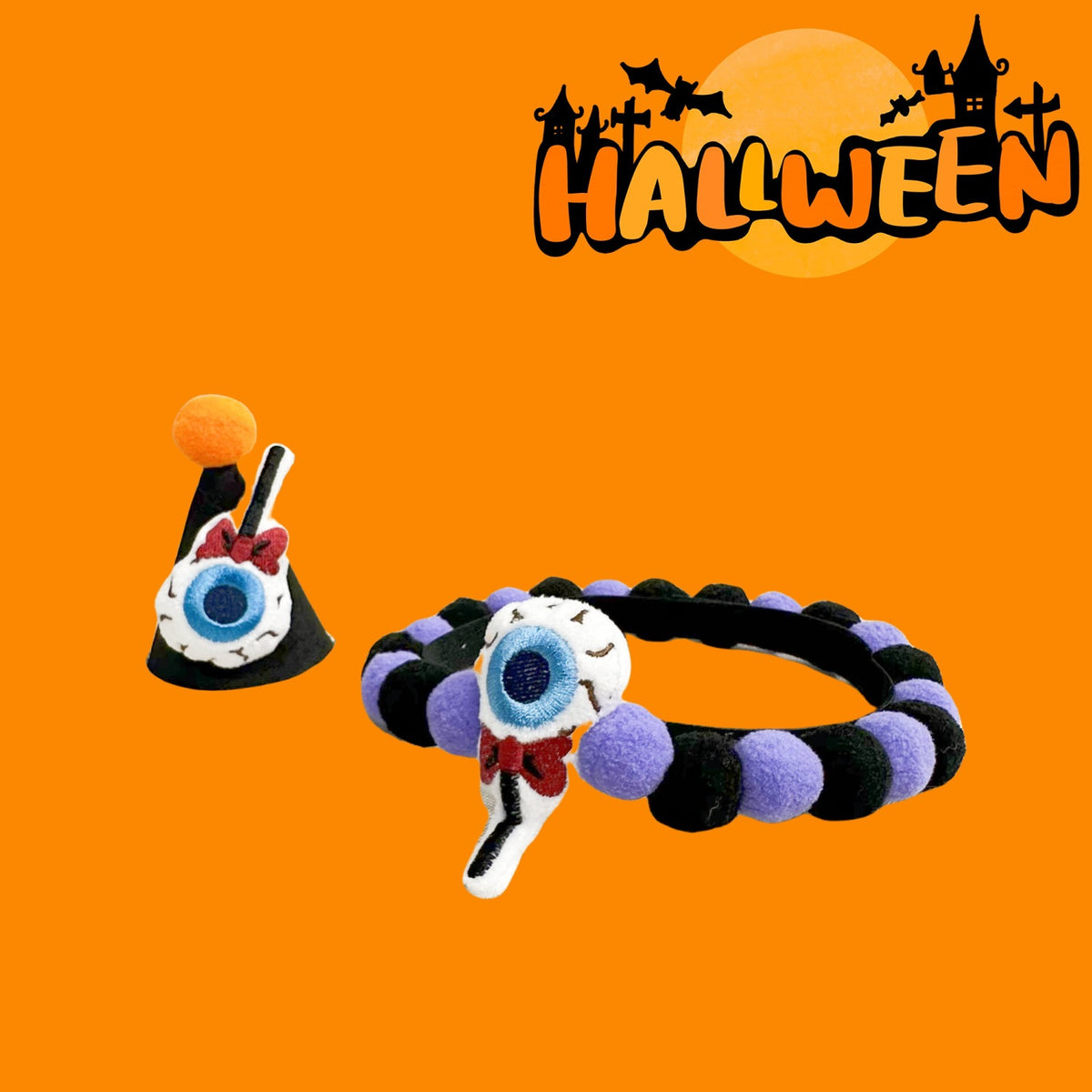 Halloween Pom-Pom Pet Collars & Hat Sets - 16 Eyeball Candy + Hat