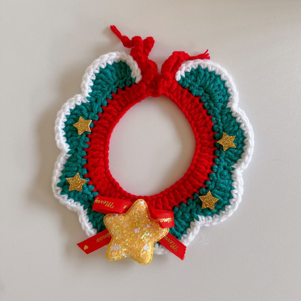Knitted Pet Collars & Bibs for Cats and Dogs - Green with Gold Star