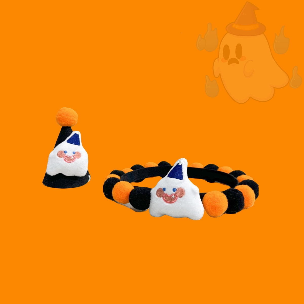 Halloween Pom-Pom Pet Collars & Hat Sets - 13 Happy Ghost - Orange-Black + Black Hat