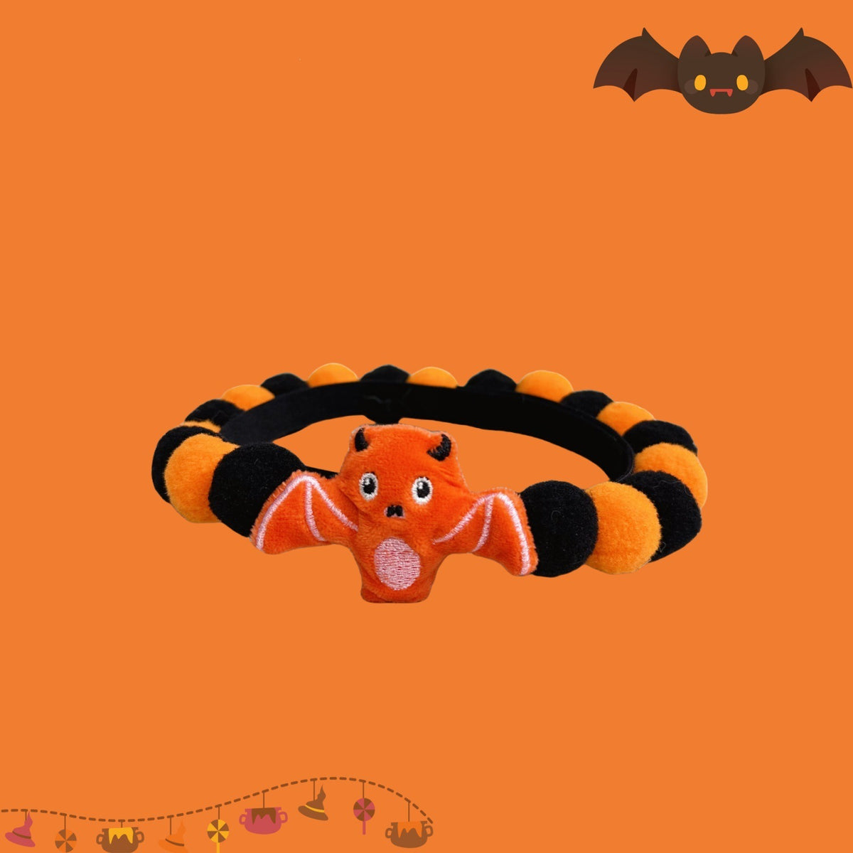 Halloween Pom-Pom Pet Collars & Hat Sets - 19 Red Bat / Collar Only
