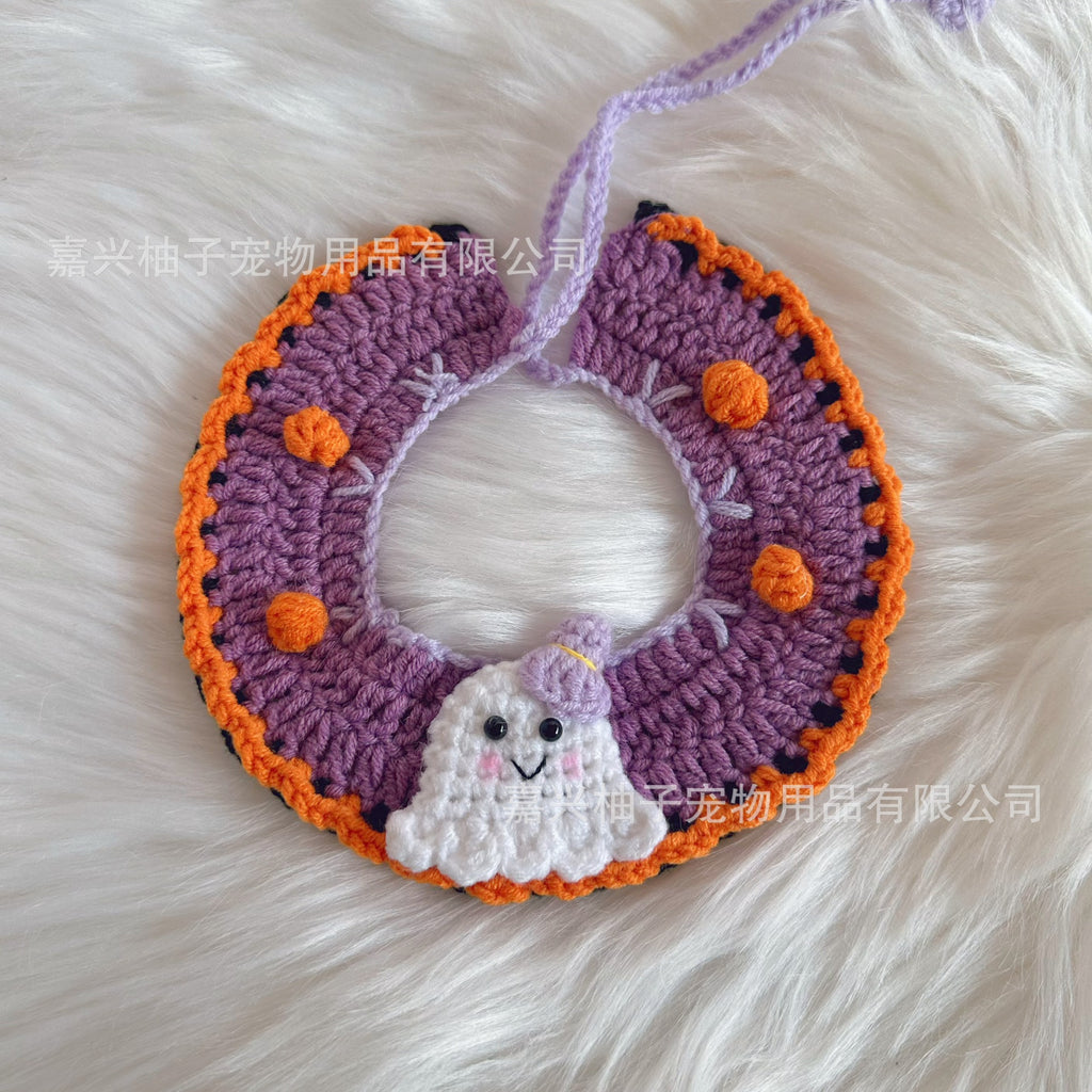 Knitted Pet Collars & Bibs for Cats and Dogs - Halloween Orange Dot Ghost