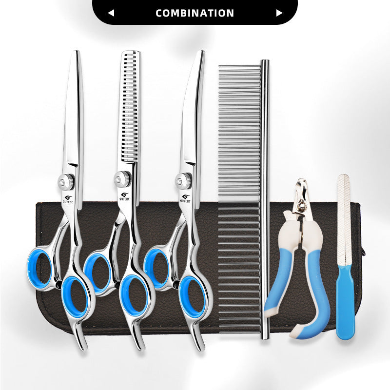 Blue-Ring Pet Grooming Shears & Tool Sets - White Screw - Blue Finger Rings-Straight Shears + Thinning Shears + Down-Curved Shears + Steel Comb + Case + Nail Clipper