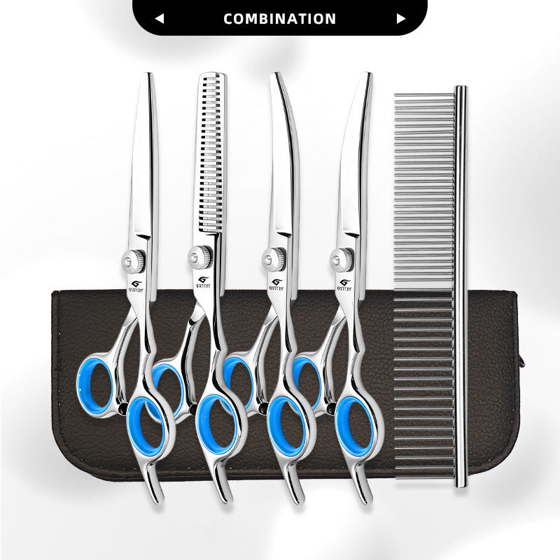 Blue-Ring Pet Grooming Shears & Tool Sets - White Screw - Blue Finger Rings-Straight Shears + Thinning Shears + Up-Curved Shears + Down-Curved Shears + Steel Comb + Case