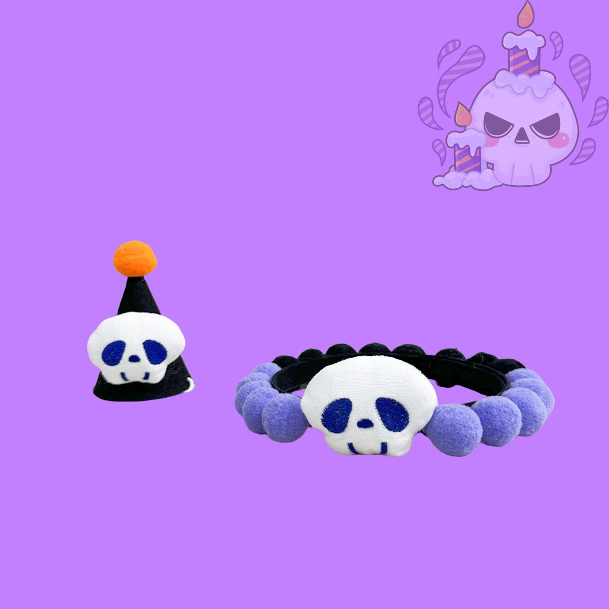 Halloween Pom-Pom Pet Collars & Hat Sets - 15 Blue Skull + Black Hat