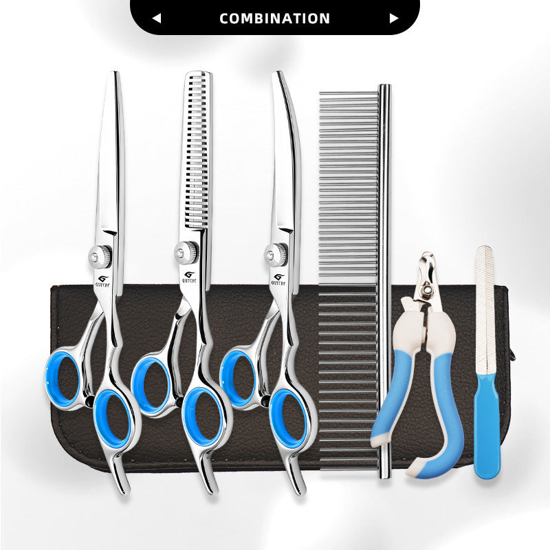 Blue-Ring Pet Grooming Shears & Tool Sets - White Screw - Blue Finger Rings-Straight Shears + Thinning Shears + Up-Curved Shears + Steel Comb + Case + Nail Clipper