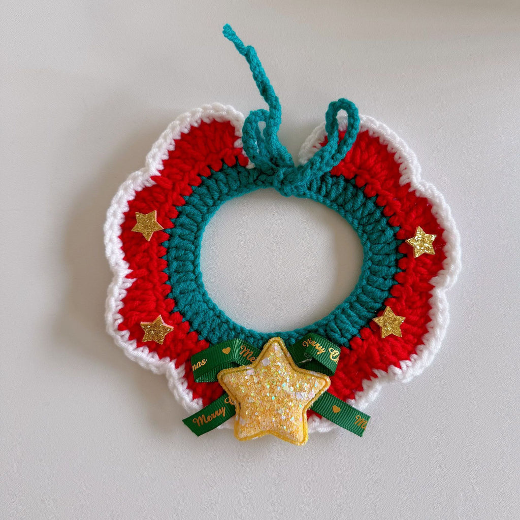 Knitted Pet Collars & Bibs for Cats and Dogs - Red with Gold Star