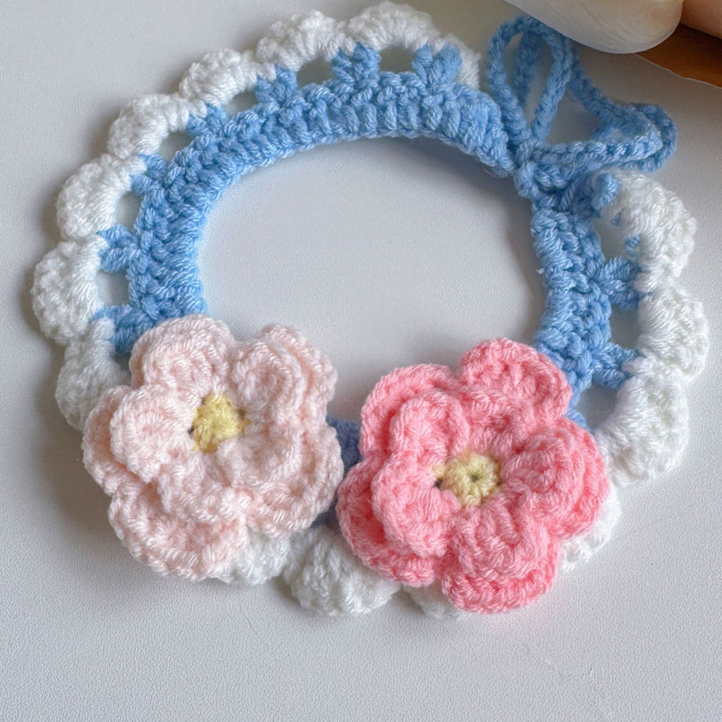 Knitted Pet Collars & Bibs for Cats and Dogs - Blue with Pink Flowers