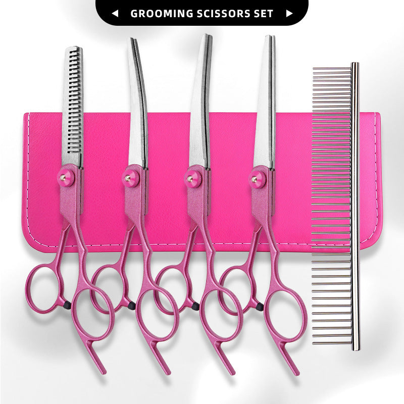 FT6 Rose Pink Pet Grooming Shears & Tool Sets - FT6 Angled Tang - Rose Pink-Straight Shears + Thinning Shears + Up-Curved Shears + Down-Curved Shears + Steel Comb + Pink Case