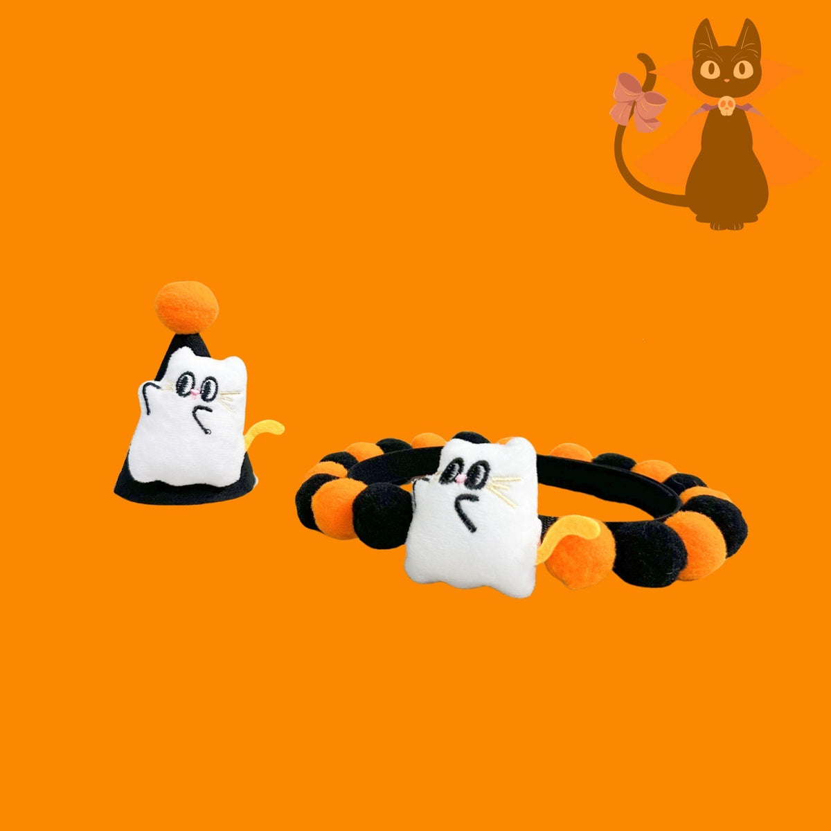 Halloween Pom-Pom Pet Collars & Hat Sets - 18 Ghost Cat + Hat