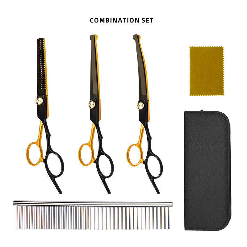 Black-Gold Pet Grooming Shears & Tool Sets - Black-Gold - Split Fish-Mouth Style-Straight Shears + Thinning Shears + Up-Curved Shears + Steel Comb + Case + Cleaning Cloth
