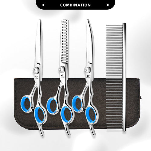Blue-Ring Pet Grooming Shears & Tool Sets - White Screw - Blue Finger Rings-Straight Shears + Thinning Shears + Up-Curved Shears + Steel Comb + Case